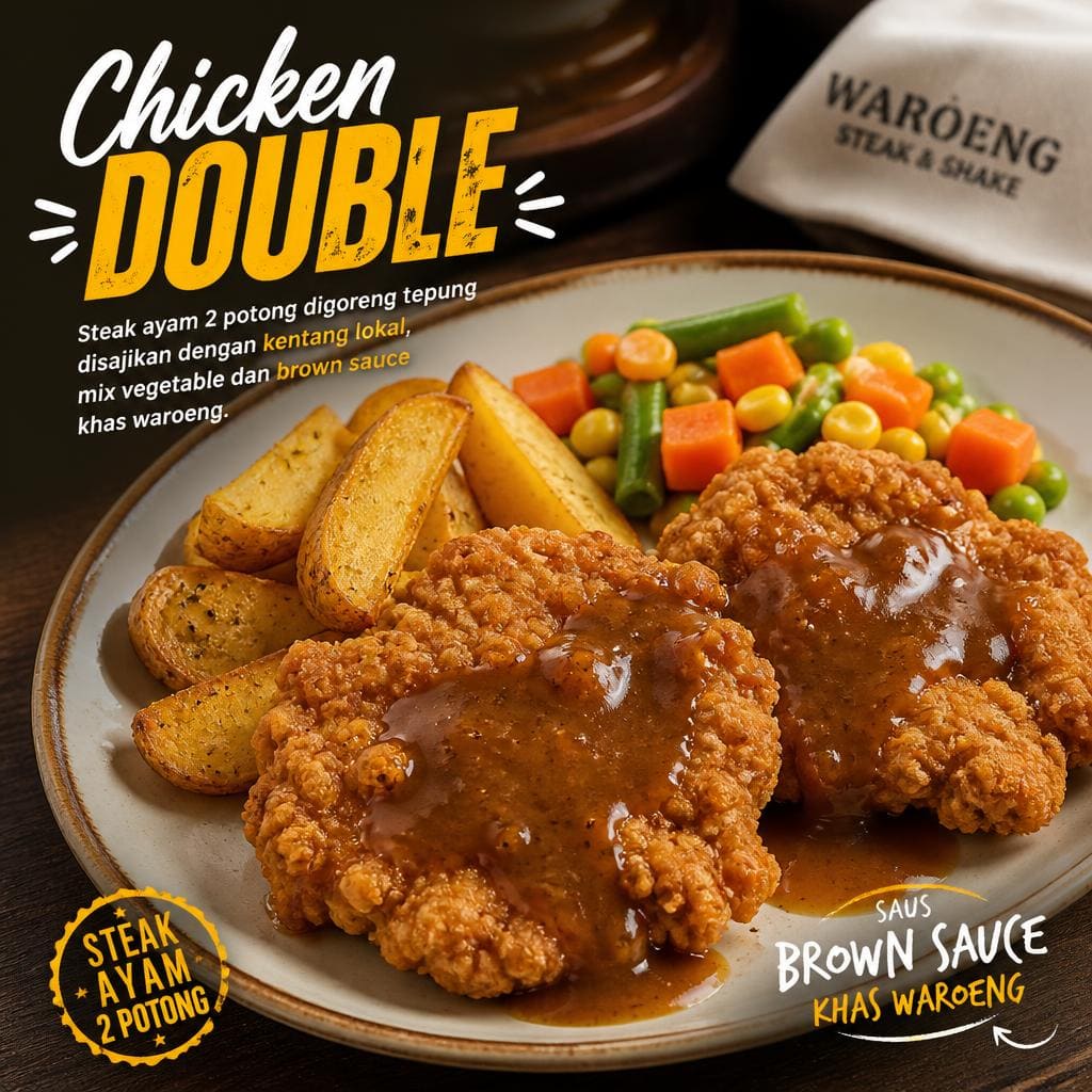 Chicken Double dengan dua potong steak ayam goreng tepung dan kentang lokal